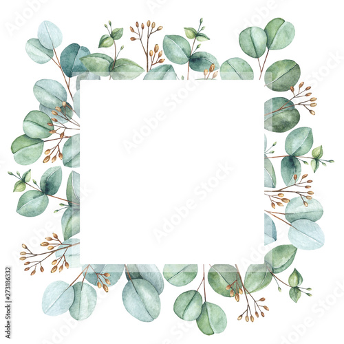 Watercolor hand painted square wreath with branches and eucalyptus leaves.