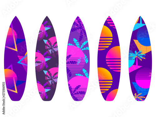 Surfboards on a white background. Types of surfboards with a pattern. Vector illustration