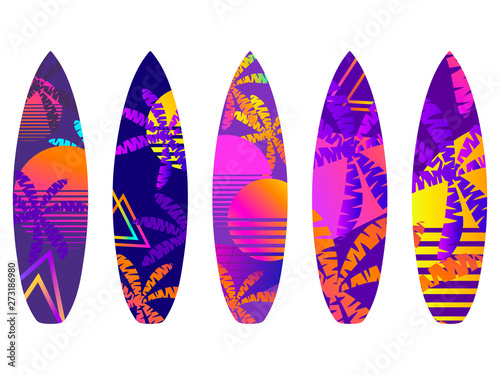 Surfboards on a white background. Types of surfboards with a pattern. Vector illustration
