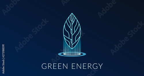 Green energy, hologram leaf logo design, green energy poster, blue energetic lights.