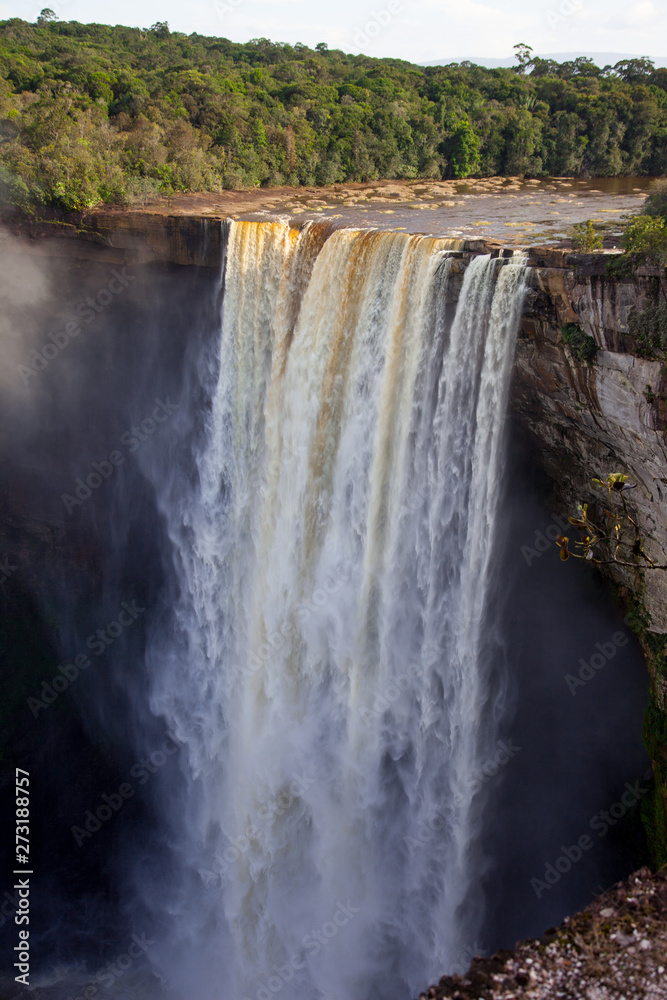 A view of the Kaieteur falls, Guyana. The waterfall is one of the most beautiful and majestic waterfalls in the world, the water of the Potaro river falls from a height of 221 meters. World tourism an