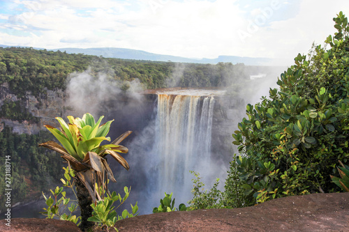 A view of the Kaieteur falls, Guyana. The waterfall is one of the most beautiful and majestic waterfalls in the world, the water of the Potaro river falls from a height of 221 meters. World tourism an