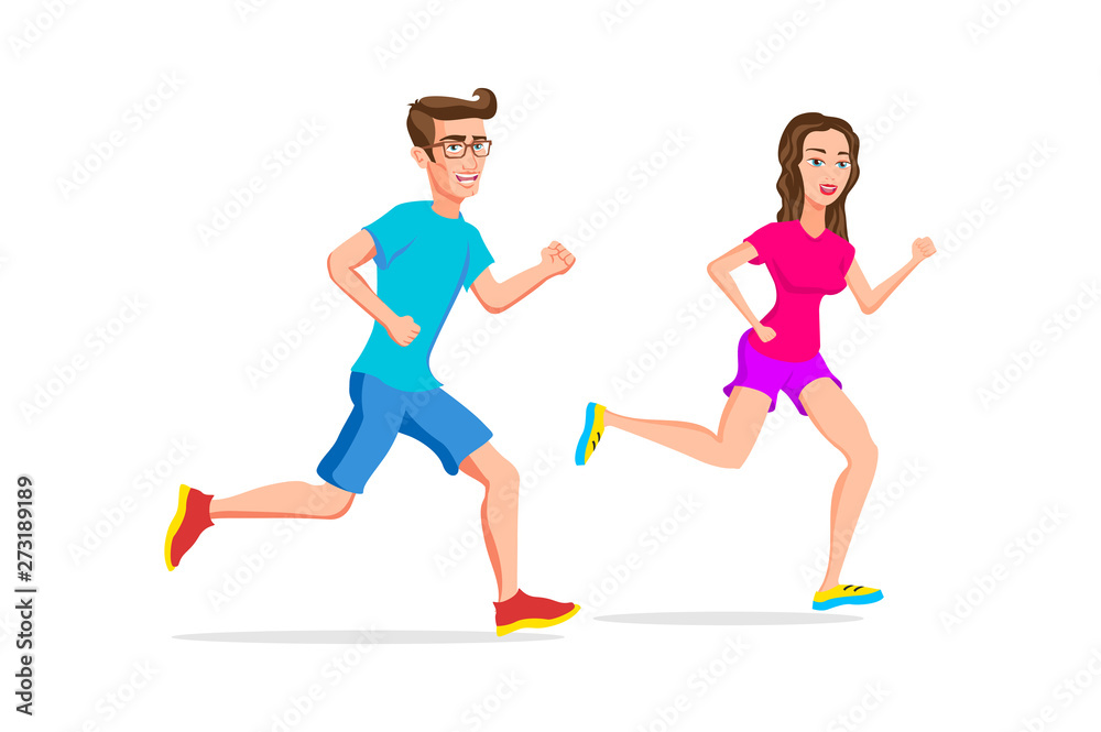woman and man sport running or jogging couple vector isolated character outdoor activities young active pastime nurturing spirit and willpower. friends run. Vector illustration of a flat design woman and man sport running or jogging couple vector isolated character outdoor activities young active pastime nurturing spirit and willpower. friends run. Vector illustration of a flat design