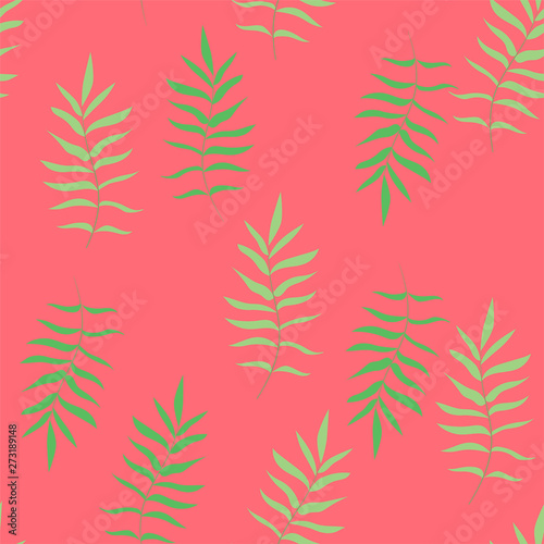 Seamless pattern with tropical palm leaves on the pink background . Cute print with hand drawn exotic plants. Swimwear botanical design. Vector illustration.