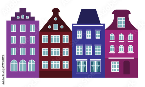 Set of Amsterdam style colored houses. Colorful of row typical dutch view at Netherlands. Stylized facades of old buildings. House skyline vector template. Background for card, banner. Urban landscape