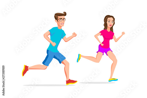 woman and man sport running or jogging couple vector isolated character outdoor activities young active pastime nurturing spirit and willpower. friends run. Vector illustration of a flat design