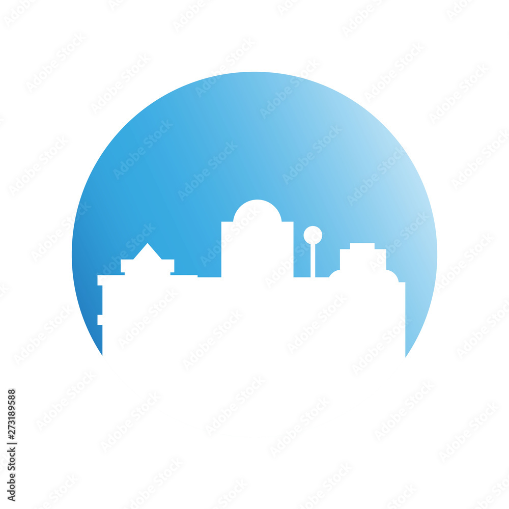 city downtown building in blue circle background