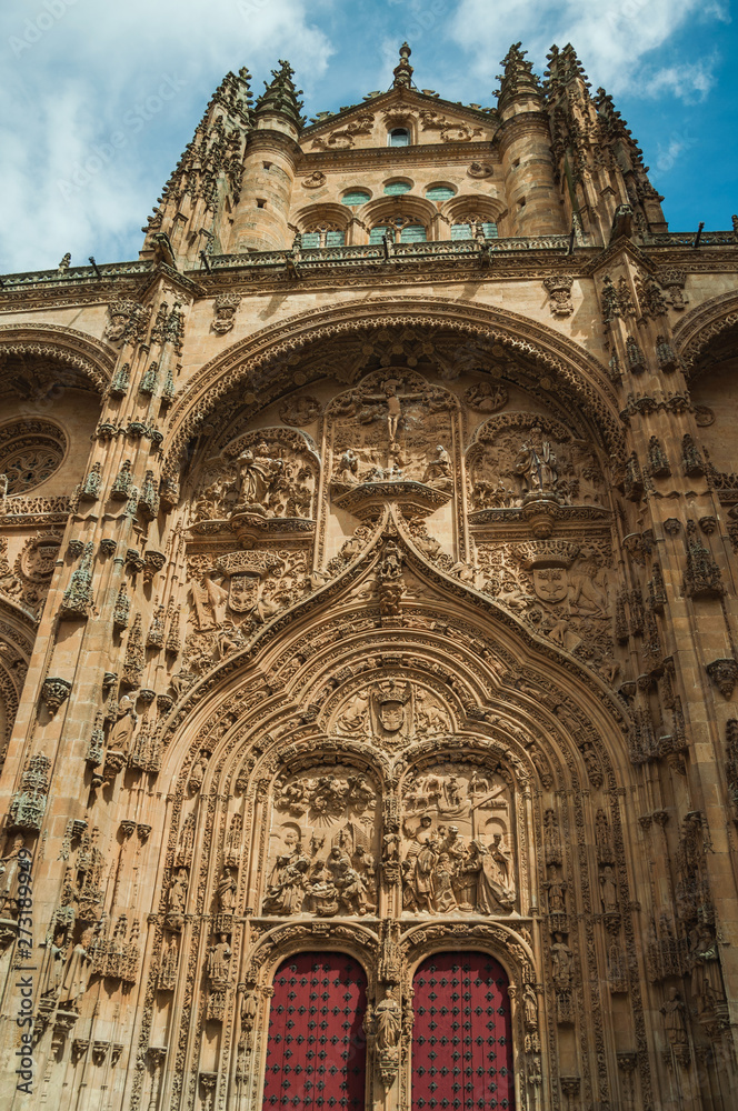 Facade with wooden door on the New Cathedral at Salamanca