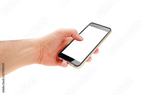 Phone in hands with empty display on a white background. The hand touches the phone display. The concept of completing content and adding your own texts.