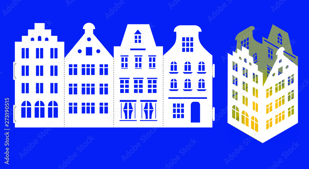 LED light lantern for paper laser cut. Scalable vector graphics. Silhouette of Amsterdam style houses, buildings in old European fashion. Wood carving template for digital cutting file.