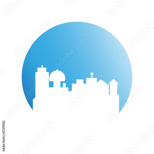 city downtown building in blue circle background