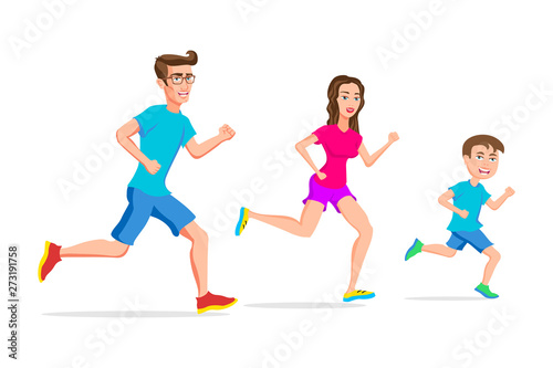 family sport running or jogging father mother and son vector isolated character outdoor activities young active pastime nurturing spirit and willpower. Vector illustration of a flat design