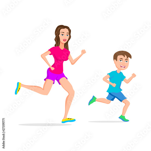 sport running or jogging mom and son vector isolated character outdoor activities young active pastime nurturing spirit and willpower. Vector illustration of a flat design