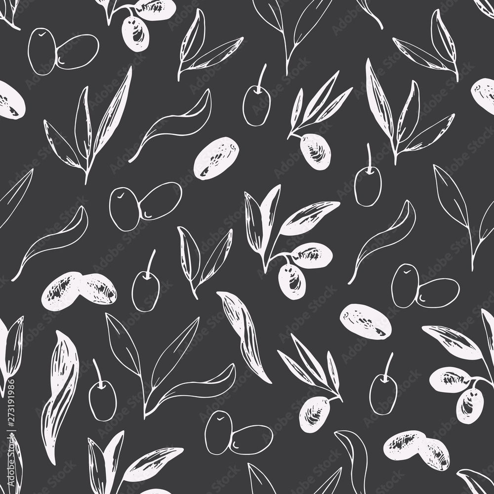 Fototapeta premium Olives seamless pattern with olive branches and fruits for Italian cuisine design or extra virgin oil food or cosmetic product packaging wrapper. Hand drawn Illustration in vector.