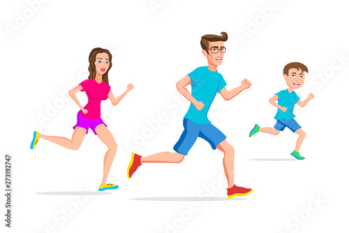 family sport running or jogging father mother and son vector isolated character outdoor activities young active pastime nurturing spirit and willpower. Vector illustration of a flat design © 7razer