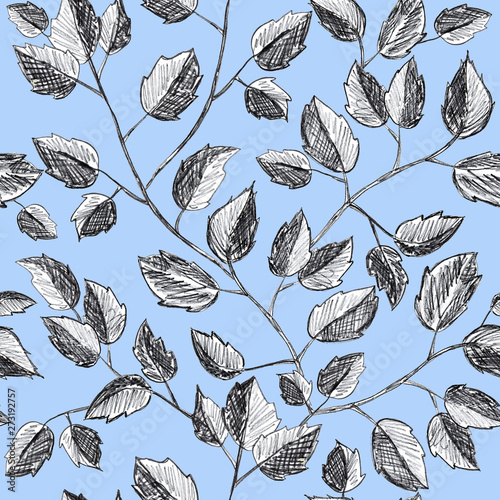 Leaves or foliage on branch painting, graphic hand drawn - seamless pattern on blue background