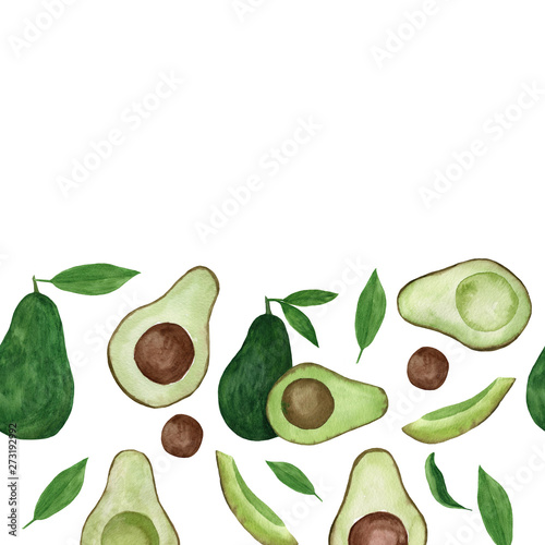 Creative layout made of watercolor avocado. Hand drawn tropical illustration. Flatlay design. Food concept for ecological product and advertising.