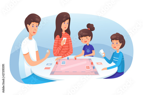 Family playing board game flat illustration