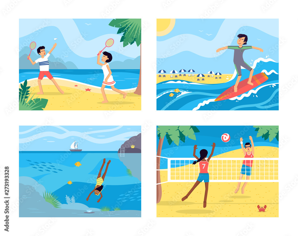 Summer activities flat vector illustrations set Summer activities flat vector illustrations set
