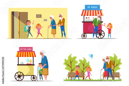 Kids with seniors flat vector illustrations set