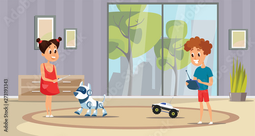 Children playing at home flat vector illustration
