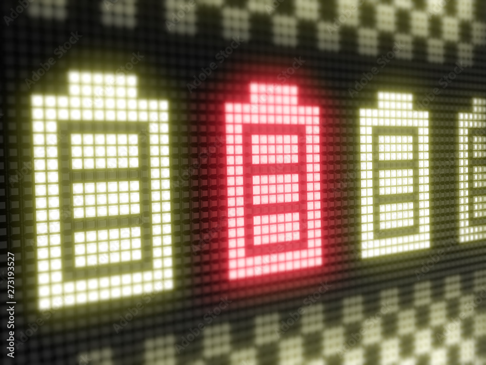 Battery icon. The bright inscription in a light board with big pixel. Battery icon. The bright inscription in a light board with big pixel.