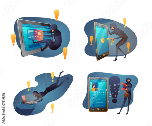 Hacking activity flat vector illustration pack isolated on white background