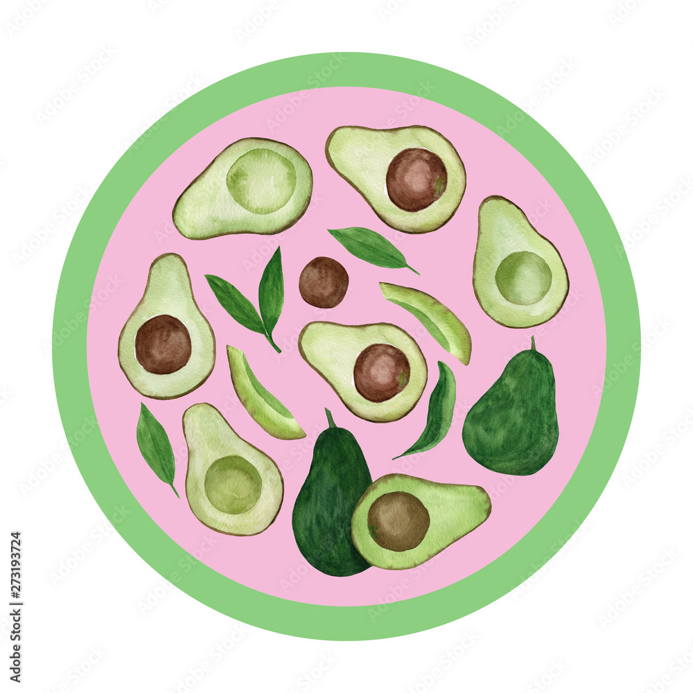 Creative layout made of watercolor avocado. Hand drawn tropical illustration. Flatlay design. Food concept for ecological product and advertising. Creative layout made of watercolor avocado. Hand drawn tropical illustration. Flatlay design. Food concept for ecological product and advertising.