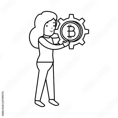 businesswoman lifting bitcoin icon vector illustrator