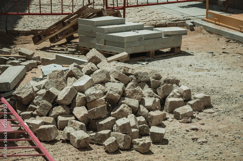 Pile of setts stones in a construction site