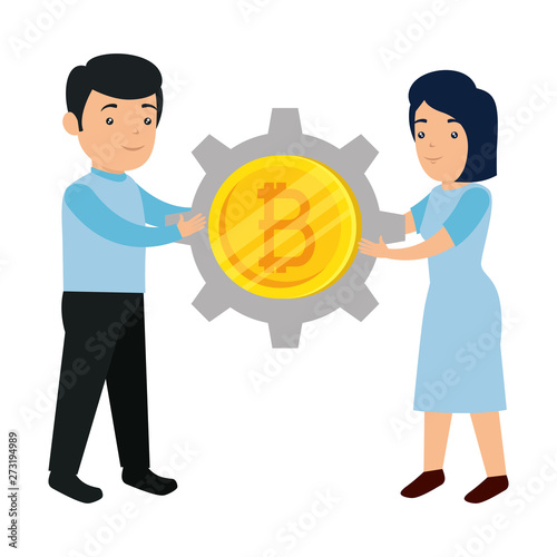 business people lifitng bitcoin vector illustrator