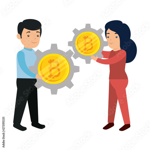 business people lifitng bitcoin vector illustrator