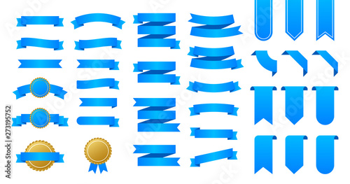 Blue ribbons banners. Set of ribbons. Vector stock illustration.