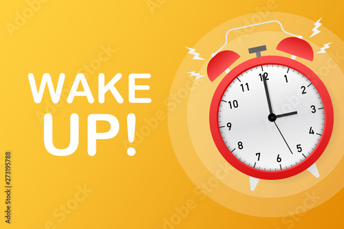 Wake up poster with alarm clock. Vector stock illustration.