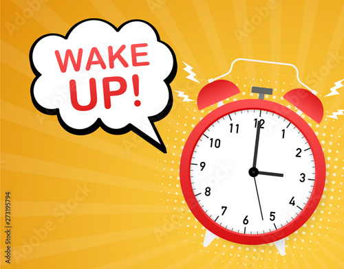 Wake up poster with alarm clock. Vector stock illustration.