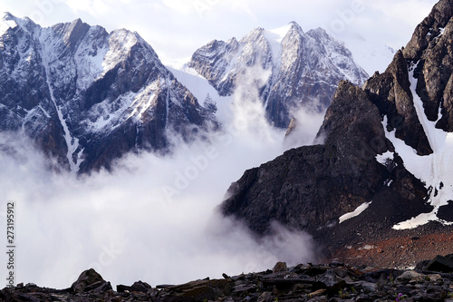 Top view on snowy mountains.