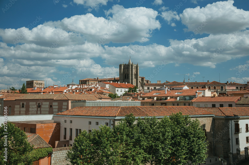 Bell tower from gothic Cathedral amid roofs at Avila