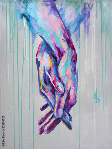 Fototapeta Naklejka Na Ścianę i Meble -  “Support” - oil painting. Conceptual abstract picture of holding hands. The background is painted with acrylic with smudges. Conceptual abstract closeup of an oil painting and palette knife on canvas.