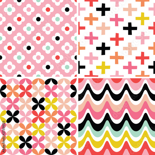 Vector set of seamless floral and geometric backgrounds - flowers, swiss crosses and waves in red, pink, yellow. Bright retro designs for home decor and fashion textiles, wrapping paper, wallpaper.