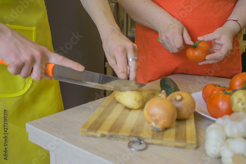 Woman's hands cooking healthy meal in the kitchen, behind fresh vegetables. Cropped image of young girl cutting vegetables for Food