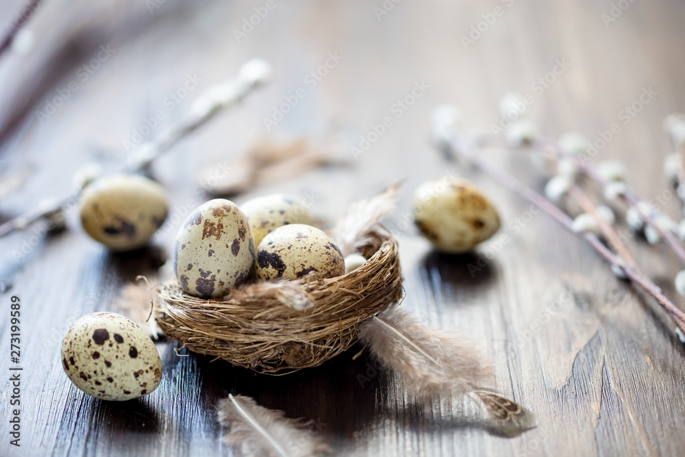 quail eggs, feathers, willow branches on a wooden table. Vintage effect quail eggs, feathers, willow branches on a wooden table. Vintage effect