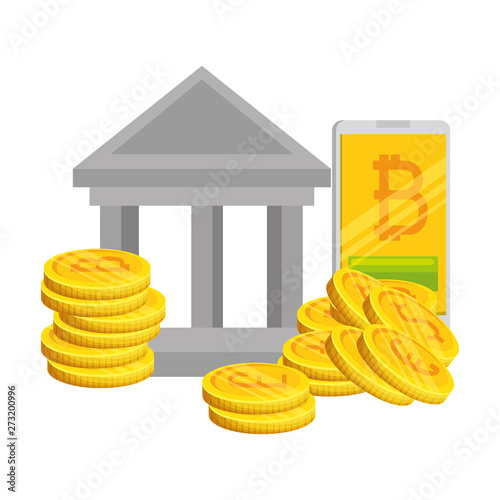 bank building with bitcoins icons vector illustrator