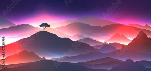 Starry Night in the Mountains with a Lone Tree - Vector Illustration © inbevel