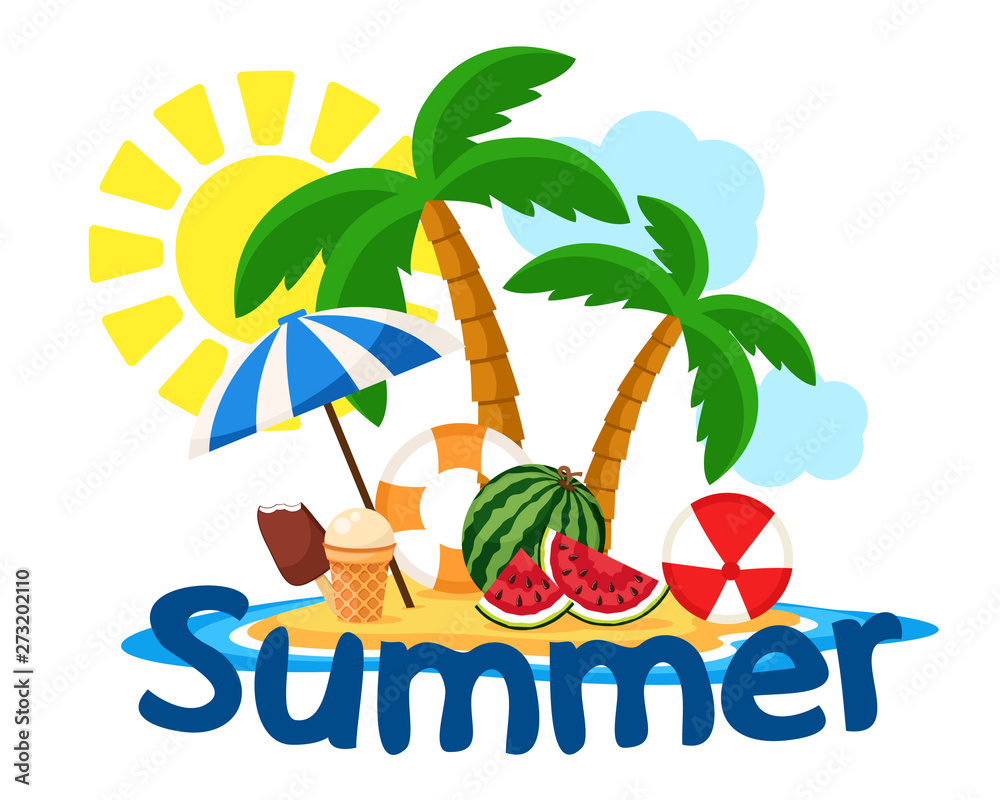 Island with palm trees, watermelon and ice cream in the sea. Summer vacation at the sea.