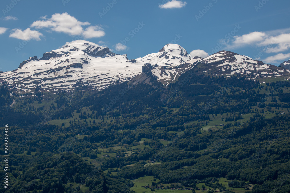 Panorama of an alpine landscape with high mountains, green meadows and trees in spring with snow in Swiss Alps-Switzerland