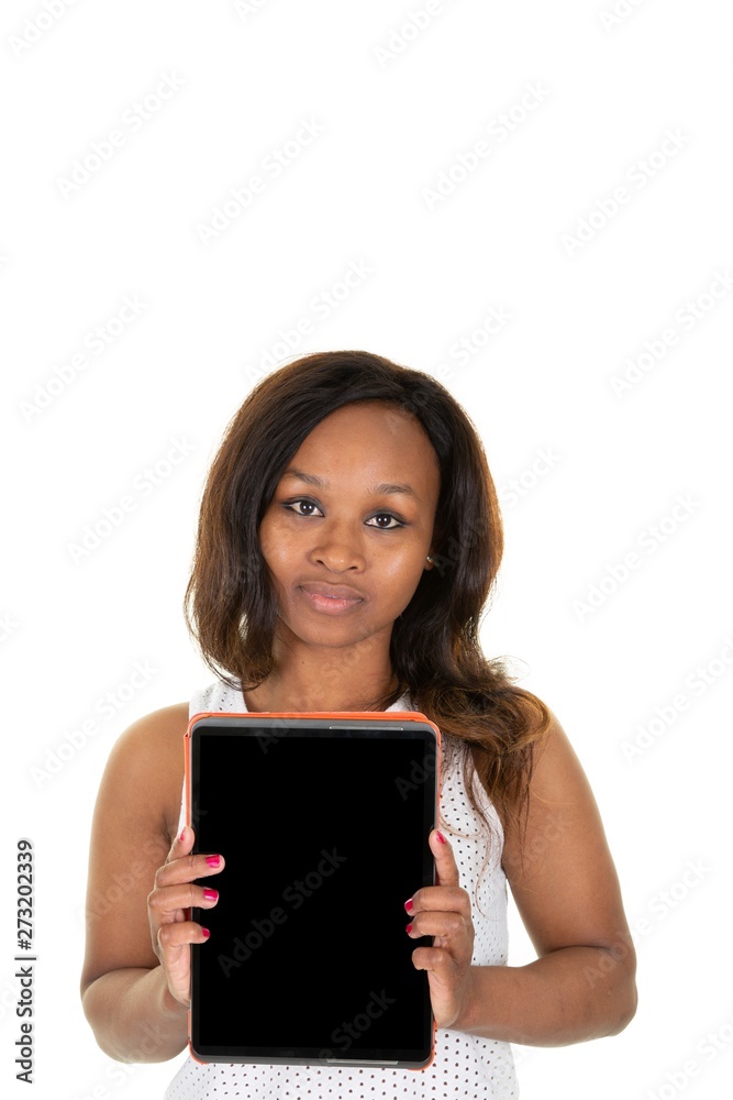 Woman african american pointing at empty blank tablet screen Woman african american pointing at empty blank tablet screen