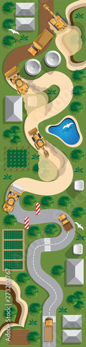 Construction of the road. View from above. Vector illustration.