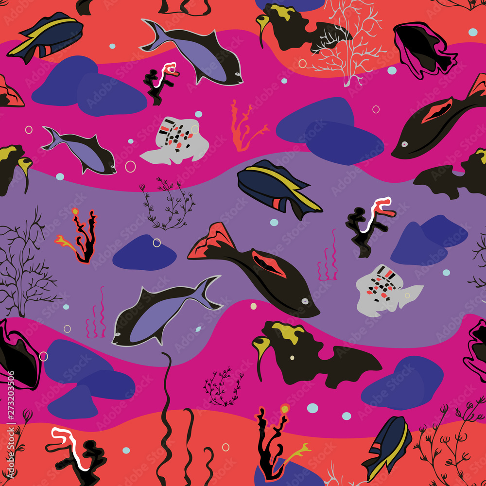 Fototapeta premium Seamless pattern with whales, seaweeds, corals and fish.