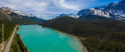 Aerial panoramic view of the scenic Waterfowl Lakes on the Icefields Parkway in Banff National Park