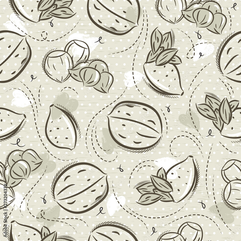 Beige Seamless Patterns with almond, hazelnut and walnut on grunge background. Ideal for printing onto fabric and paper or scrap booking, vector Beige Seamless Patterns with almond, hazelnut and walnut on grunge background. Ideal for printing onto fabric and paper or scrap booking, vector